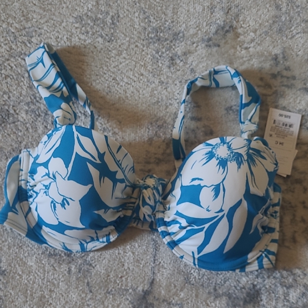 Chic Blue and White Floral Bikini Top